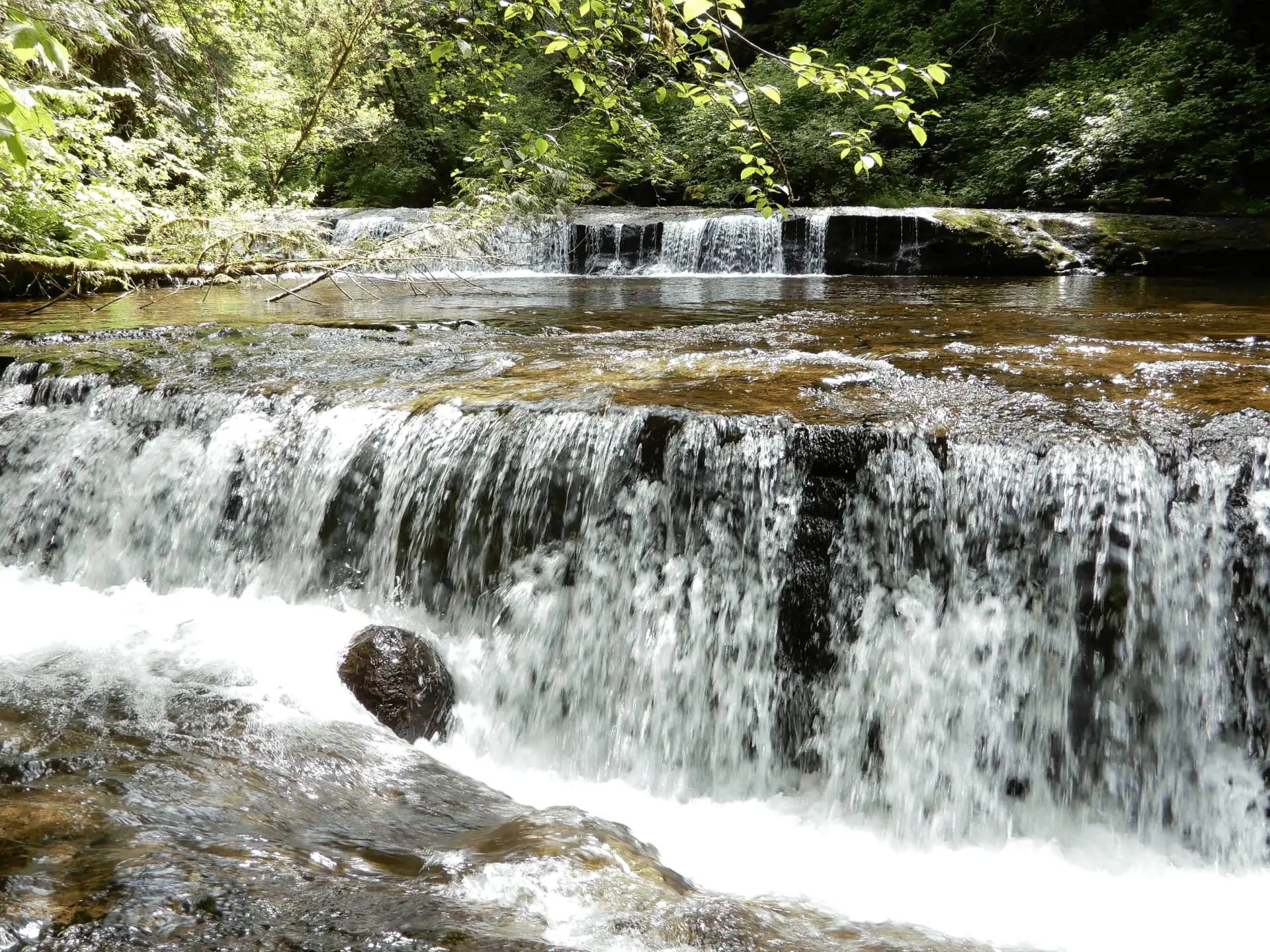 A multi-tiered waterfall cascades over dark rocks in a lush green forest, with sunlight filtering through the leaves.
